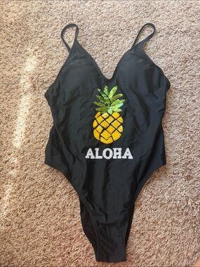 Black Pineapple One Piece Bathing Suit Sequin Xhilaration Large Aloha NWT